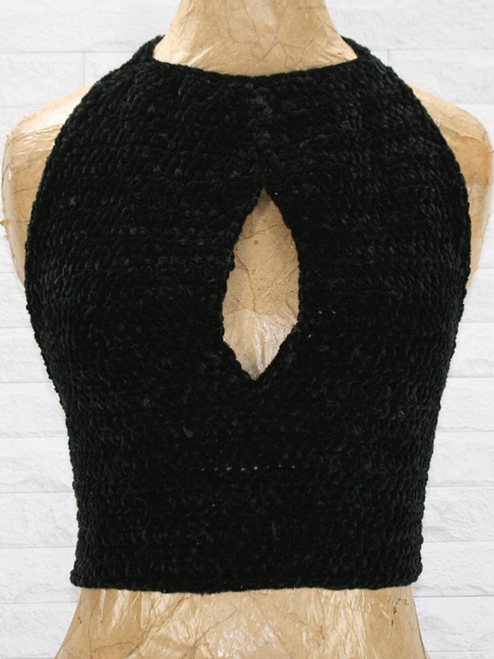 HAND CRAFTED Crop Top Crochet Chenille Halter Bikini Keyhole Cut Out Black